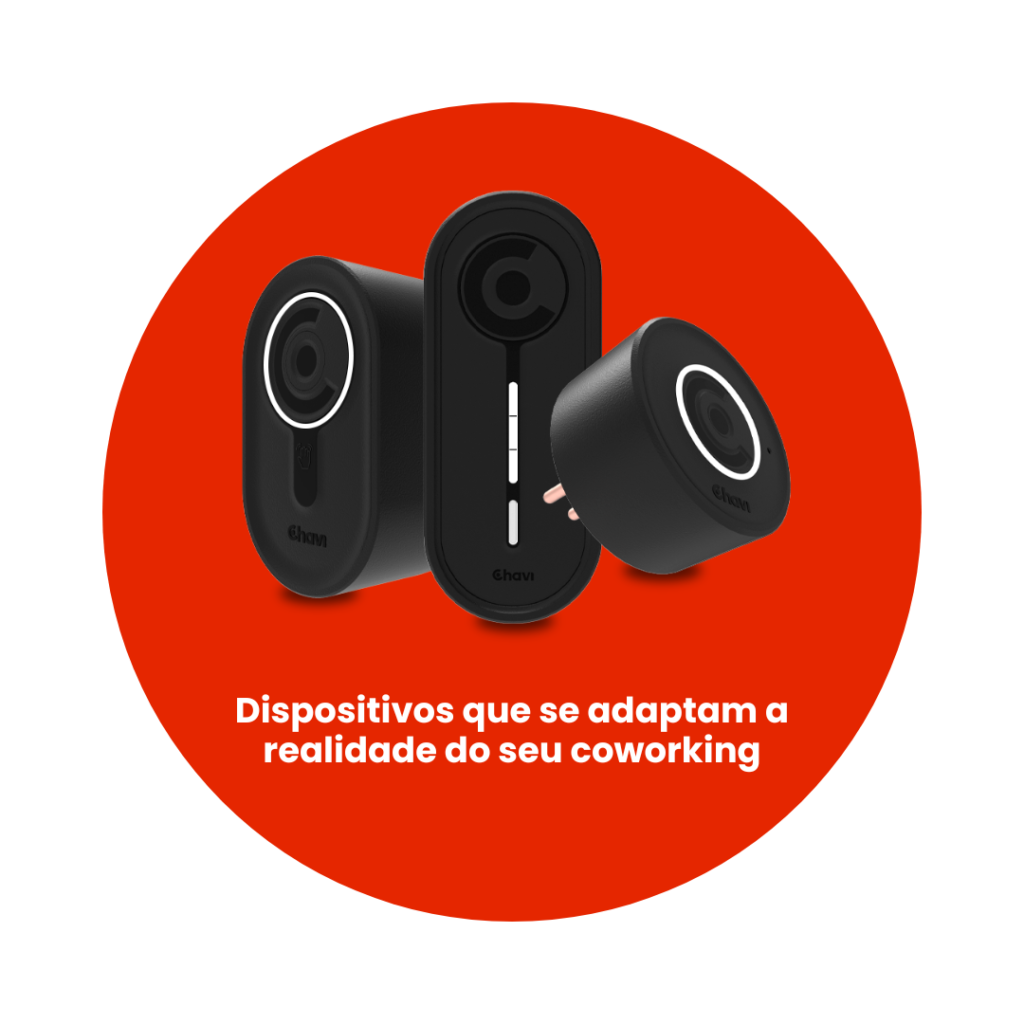 Foto dos dispositivos Chavi com a escrita "dispositivos que se adaptam a realidade da seu coworking"