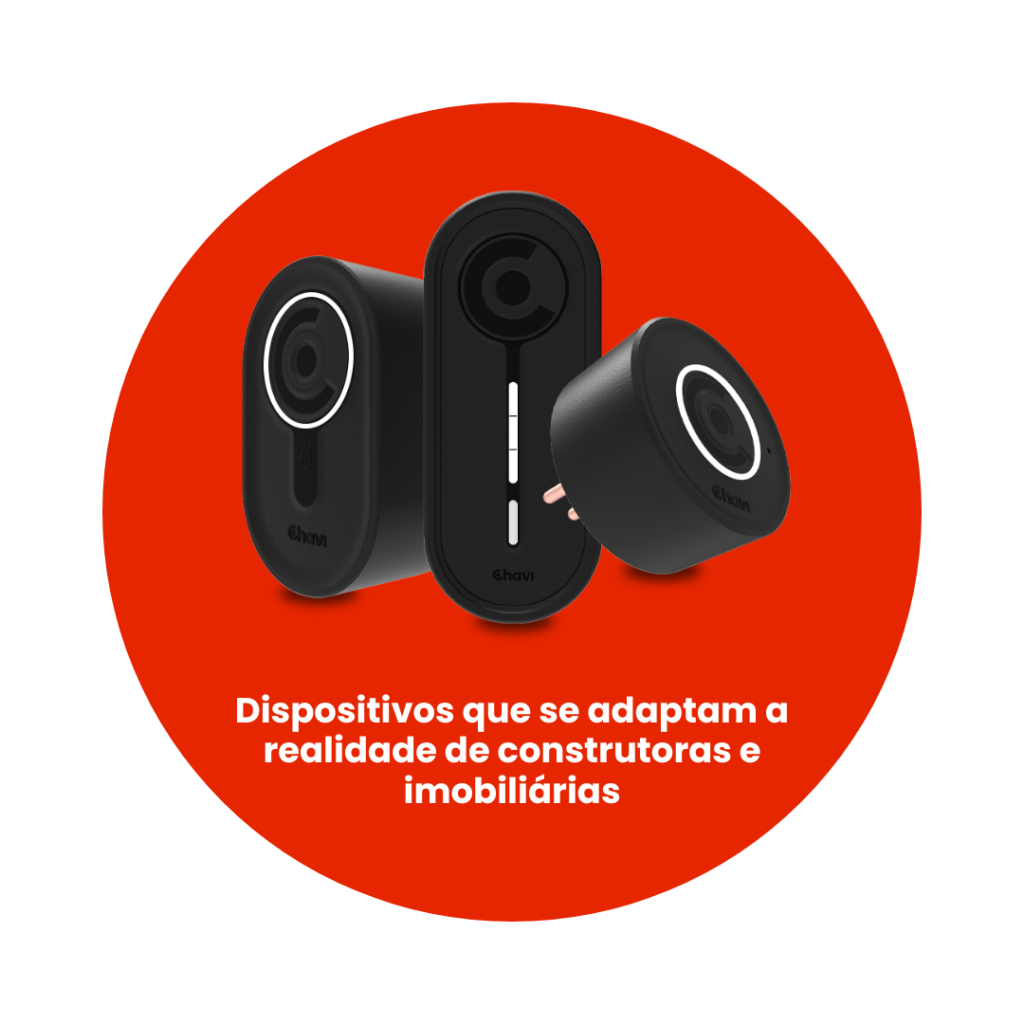 Foto dos dispositivos Chavi com a escrita "dispositivos que se adaptam a realidade de construtoras e imobiliárias"