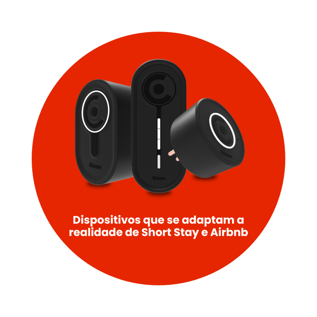 Foto dos dispositivos Chavi com a escrita "dispositivos que se adaptam a realidade de short stay e aribnb"